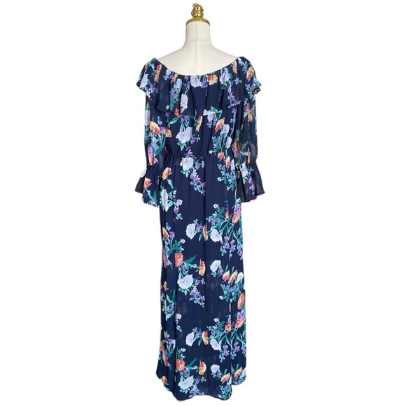 New York &Co Navy Floral Off-Shoulder Ruffled Summer Flowy Fairy Maxi Dress Sz M - Picture 10 of 14